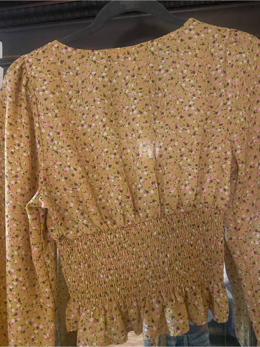 Smocked Tie-Front Floral Blouse in Yellow - Picture 4 of 5